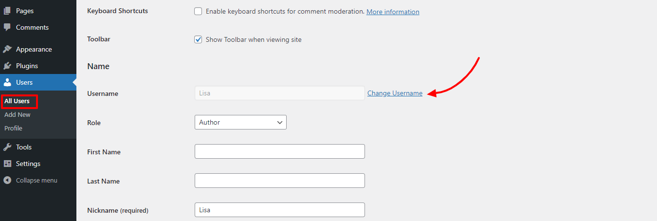 Change Wordpress Username 3